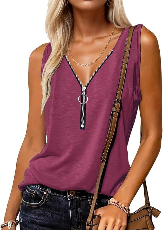 Halife Womens Half Zip V Neck Tank Tops Summer Sleeveless Shirts Casual Loose Top Blouses T Shirts by Halife