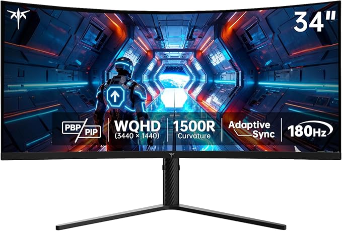 KTC 34 Inch Ultrawide Curved Gaming Monitor, 3440x1440 UWQHD 180Hz, H34S5 | 1500R Curve PC Monitor 21:9, Adaptive Sync, 1ms MPRT, 4000:1 Contrast, PIP/PBP, HDMI&DP, Tilt Swivel Pivot Height Adjustment by KTC