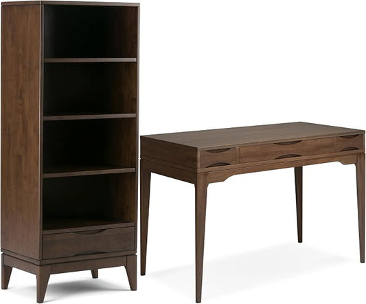 SIMPLIHOME Harper Desk and Bookcase Bundle - 48 inch Wide Solid Wood Mid Century Modern Desk with Drawers and 24 inch Wide 4-Shelf Bookcase in Walnut Brown, Home Office Furniture (Set of 2) by SimpliHome