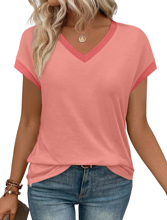 WIHOLL Womens Summer Tops 2026 Cap Short Sleeve Shirs V Neck T Shirts Fashion Beach Vacation Clothes Color Block - Image 2