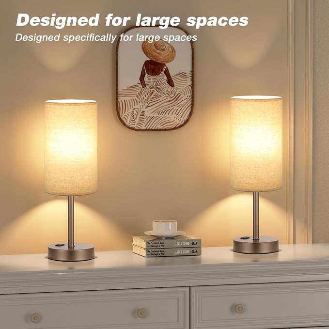 Fenmzee Touch Table Lamp - Beige, 3-Way Dimmable, USB A + C Charging, AC Outlet, 17.4inch Medium, Brown Metal Base - Image 7