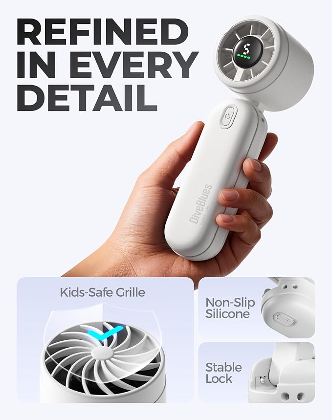 Diveblues Mini Handheld Fan, 30ft/s Portable Turbo Fan [12H Max Cooling], 4000mAh Personal Fan with LED Display, 3-in-1 Hand Held/Neck/Desk Fan for Travel, Cruise, Disney Essentials - Image 7