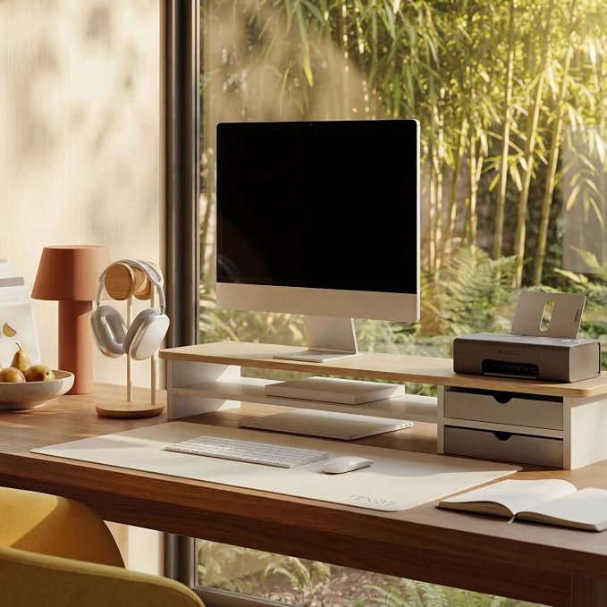 Fenge Monitor Stand, Dual Monitor Riser, 42.5inch Large Desk Computer Monitor Stand Riser with Drawer, 2 Tier Wood & Acrylic Desktop Organizer for Computer, Laptop, Printer, TV Screen Riser - Image 2