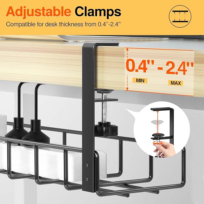 2 Pack Cable Management Under Desk Tray, 31.4" No Drill Under Desk Wire Management with Upgraded Clamp, Metal Cord Organizers for Desk with Cable Organizers, PC Cable Management Rack, Black - Image 6