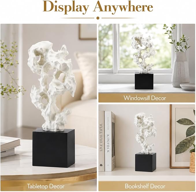11.8" Modern Abstract Sculpture | Stone Home Decor, Resin White and Black Art Statues for Living Room, Coffee Table Centerpiece, TV Stand Shelf Bookshelf Decor - Image 2