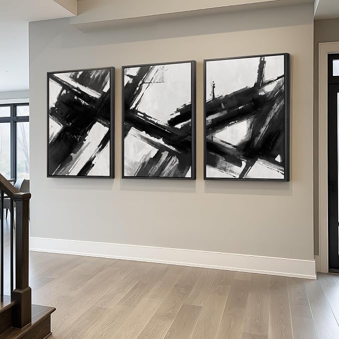 Large Framed Black and White Abstract Canvas Wall Art for Living Room, 3 Piece Modern Prints Paintings Artwork for Walls, Minimalist Abstract Brushstroke Pictures for Hallway Dining Office Wall Decor 24x36 Inch - Image 2