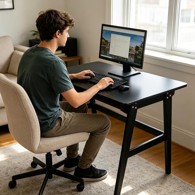 Nnewvante 31.5" Small Computer Desk with Drawer, Black | Solid Bamboo Writing Desk for Home Office, Modern Simple Style, Compact Study Desk for Small Spaces - Image 5