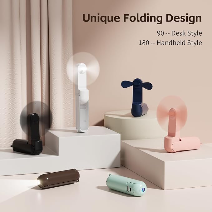 Morelax Portable Fan, Mini Handheld Fan with Power Bank, Cute USB Rechargeable Pocket Fan, Foldable Small Cooling Fan with LED Light, Personal Travel Fan,Summer,Beach Essentials,Summer Gift for Women - Image 3