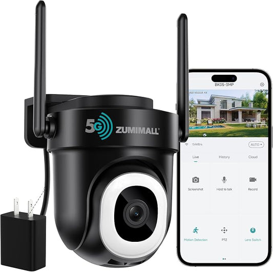 ZUMIMALL 2K Wired Outdoor Camera, 2.4G/5G WiFi Security Camera, 3MP, 24/7 Recording, AI Motion Detection, Cloud & SD Card Storage, 2-Way Audio, 360° PTZ Auto Tracking, Work with Alexa, IP66 (Black) by ZUMIMALL