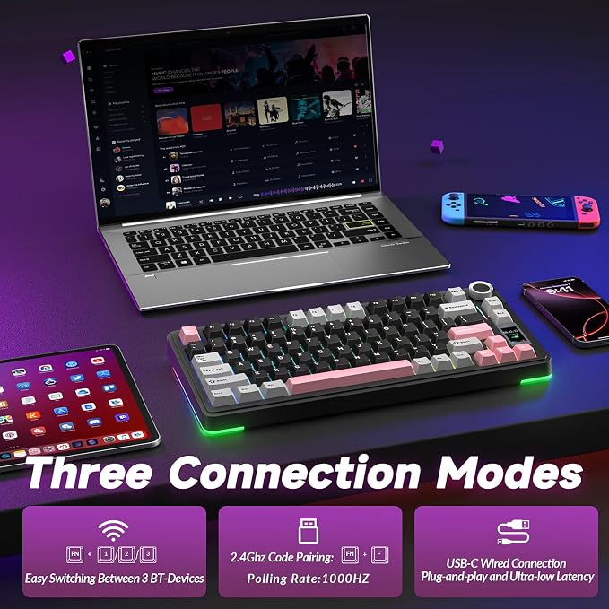 AULA S75 PRO Wireless Mechanical Keyboard with Screen&Knob, 75% Hot Swappable Gaming Keyboard with Pre-lubed Switches, RGB Backlit, PBT Keycaps Creamy Sounding Pc Gaming Keyboards - Image 4