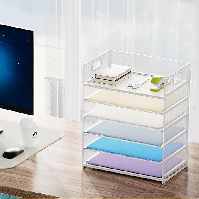 Marbrasse 6 Tier Paper Organizer Letter Tray - Mesh Desk File Organizer with Handle, Paper Sorter for Letter/A4 Office File Folder Holder - White - Image 6