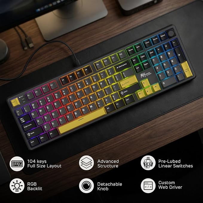 RK ROYAL KLUDGE X104 Wired Full Size Mechanical Gaming Keyboard, Metal Knob | Creamy Keyboard with Number Pad,104 Keys RGB Computer Keyboard Hot Swappable Linear Switch, Online Software for Wins/Mac - Image 2