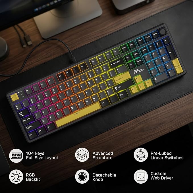 RK ROYAL KLUDGE X104 Wired Full Size Mechanical Gaming Keyboard, Metal Knob | Creamy Keyboard with Number Pad,104 Keys RGB Computer Keyboard Hot Swappable Linear Switch, Online Software for Wins/Mac - Image 2