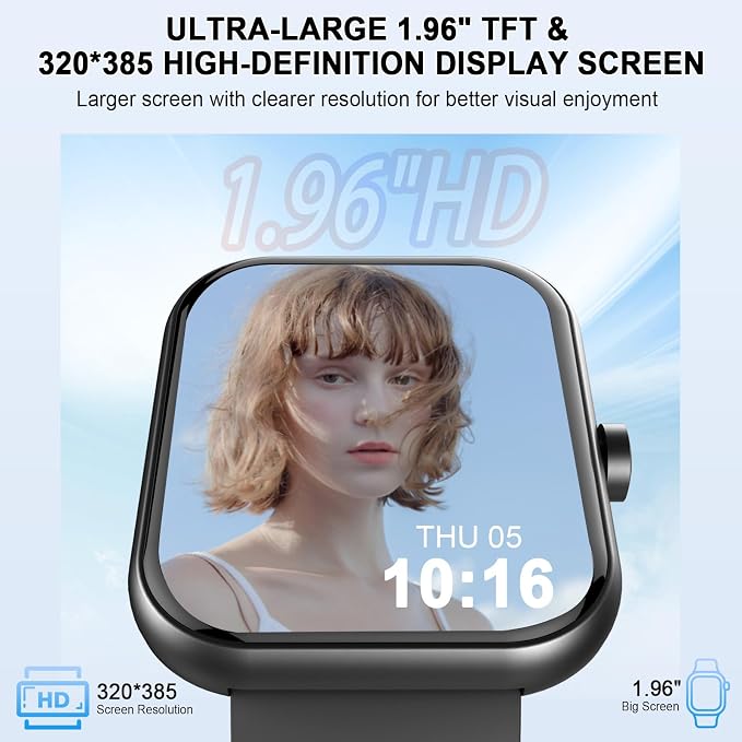 Smart Watch (Answer/Make Calls), 1.96" HD Smartatch for Men Women , 113+ Sport Modes, Fitness Tracker with Heart Rate/Sleep Monitor/Pedometer/Calories, IP68 Waterproof Running Watch for Android iOS - Image 5