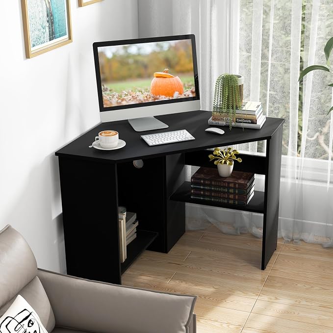 GOFLAME Corner Desk with Storage Shelves, Triangular Computer Desk with Cable Management Holes, Laptop Workstation for Small Space, Makeup Vanity Desk for Living Room, Study, Black - Image 2