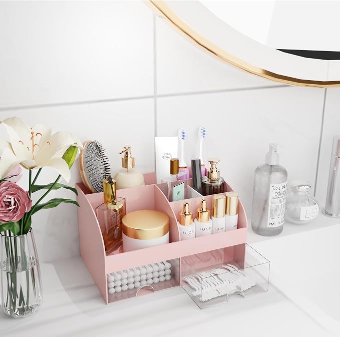 Makeup Organizer with Drawers, Cosmetic Storage for Dresser Vanity and Bathroom Countertop, Beauty Holder for Lipstick Brush, Skincare Organizer for Vanity, Cosmetic Display Case (Pink) - Image 5