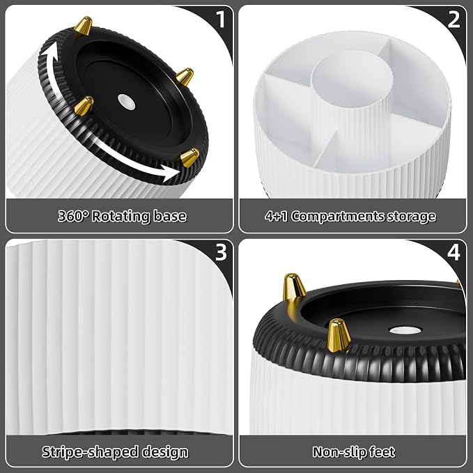 Marbrasse Desk Organizer, 360-Degree Rotating Pen Holder, Desk Organizers and Accessories with 5 Compartments Pencil Holder, Art Supply Storage Box Caddy for Office, Home (White+Black) - Image 4