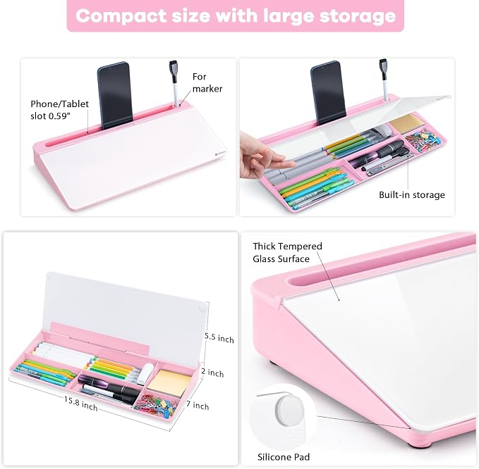 Varhomax Glass Desk Whiteboard with Storage, Desktop Organizer to-do List Memo Notepad Dry Erase White Board for Home Office and School Supplies (Pink) - Image 4