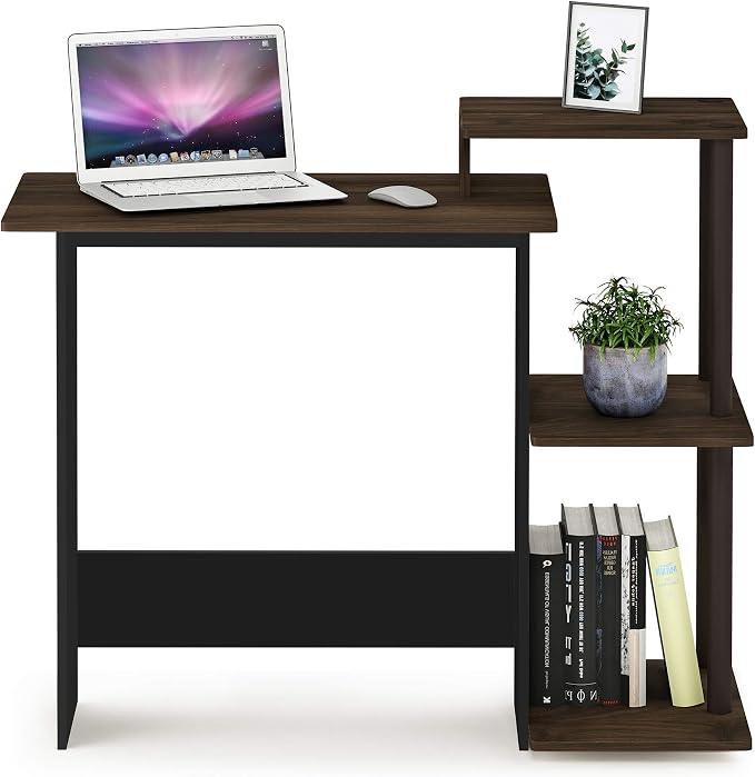 Furinno Efficient 29-Inch Brown Computer Desk, Office Desk with 3 Side Shelves, Rectangular Home Office Desk, Gaming Desk for Home Office, Bedroom, Study Room, Brown Walnut - Image 4