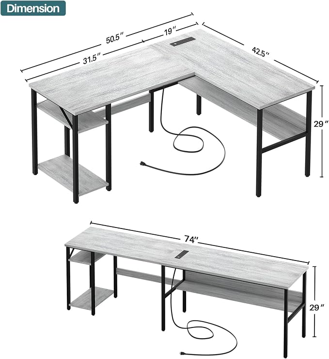 Unikito L Shaped Computer Desk with Magic Power Outlets and USB Charging Ports, Sturdy Reversible Corner Desk with Storage Shelves, Modern Work Desk for Home Office, Easy to Assemble, White Oak - Image 3