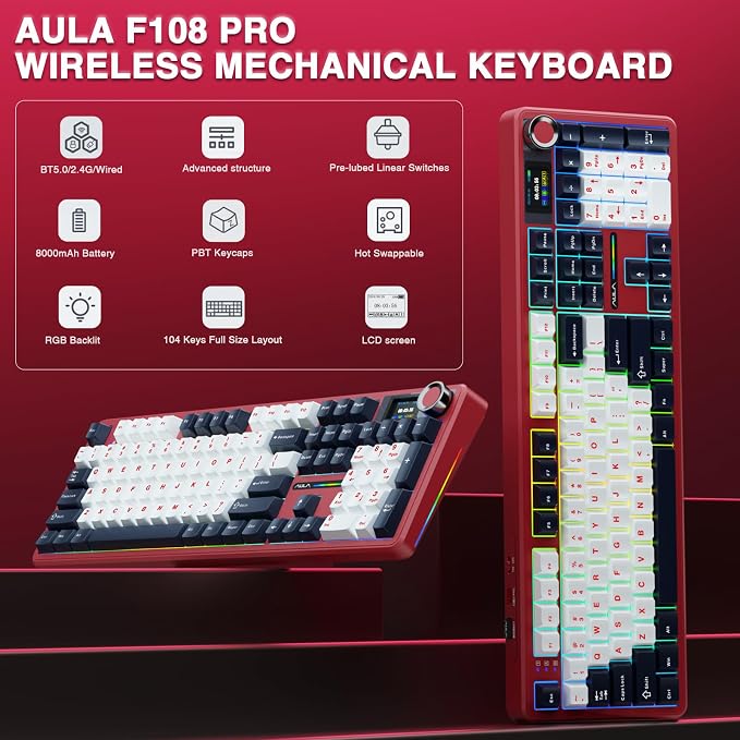 AULA F108 PRO - Wireless Mechanical Keyboard with Screen&Knob,Hot Swappable Gaming Keyboard with 8000mAh Battery,Pre-lubed Switches,RGB Backlit,PBT Keycaps Creamy Sounding Computer Keyboards,104 Keys - Image 2