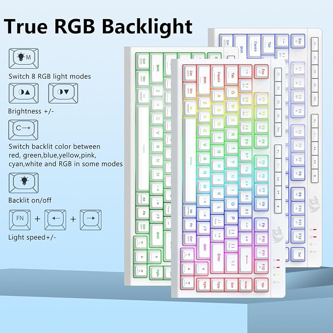 Redragon Wireless Gaming Keyboard, Portable 75% Compact,RGB Backlit, White | Bluetooth/2.4GHz/USB-C Wired, Mini Quiet Macro Membrane Keyboard, Rechargeable 4000mAh Battery, Anti-Ghosting for Win/MAC - Image 4
