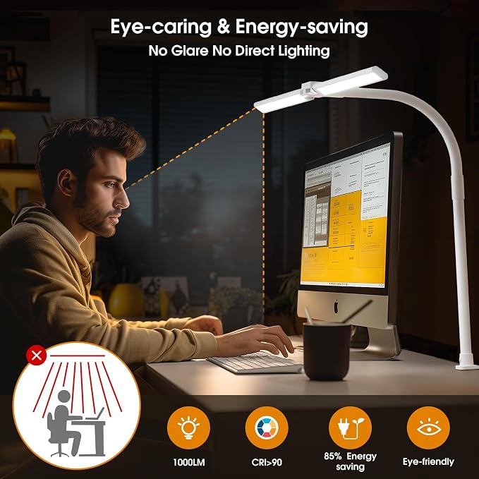 SIBRILLE LED Desk Lamp for Home Office - Dimmable Computer Desk Light with Clamp, Modern Architect Task Lamp with Color Changing, Flexible Desktop Lamp with Gooseneck for Monitor, Double Head, White - Image 5