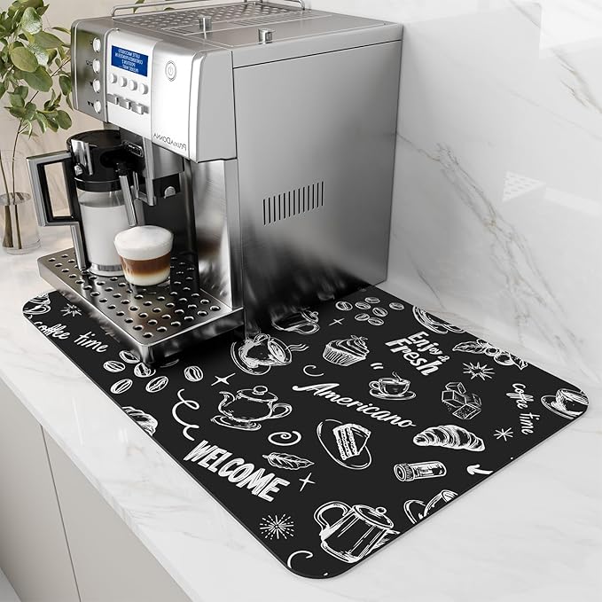 AMOAMI-Coffee Mat Hide Stain Rubber Backed Absorbent Dish Drying Mat for Kitchen Counter-Coffee Bar Accessories Fit Under Coffee Maker, Espresso Machine, Pot, Dish Rack (16X24,INK) by AMOAMI