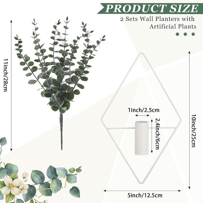 Jexine Hanging Planters with Artificial Eucalyptus Metal Hanging Vase Indoor Plants Holder Modern Geometric Boho Bathroom Wall Decor for Living Room Home Office(Eucalyptus,Matte White,4 Pcs) - Image 2