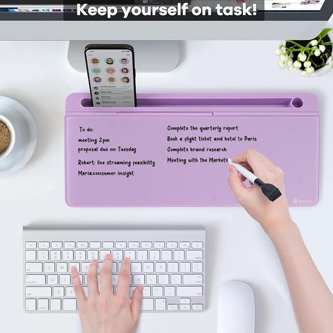 Varhomax Glass Desk Whiteboard with Storage, Desktop Organizer to-do List Memo Notepad Dry Erase White Board for Home Office and School Supplies (Purple) - Image 2