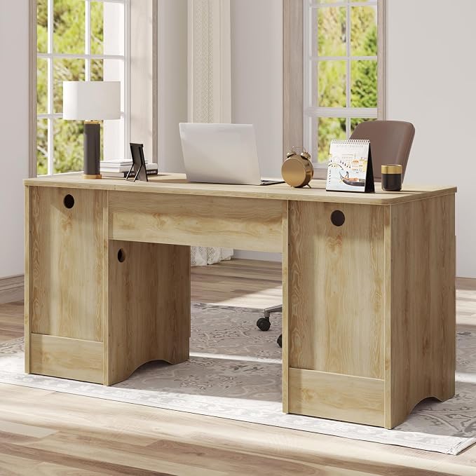 Bestier 59 inch Computer Desk with 2 Drawers, Office Desk with Storage File Cabinet and 2 Open Storage Shelves, Modern Fluted Executive Desk for Home Office Bedroom, Natural Oak - Image 8