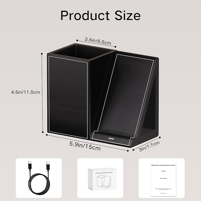 LADSTAG Pen Organizer with Phone Stand,Black Vegan Leather Desk Organizers with Remote Control Holder,Pencil Holder for Desk,Desk Organizer with Phone Charger for Office/Nightstand/Endtable - Image 4
