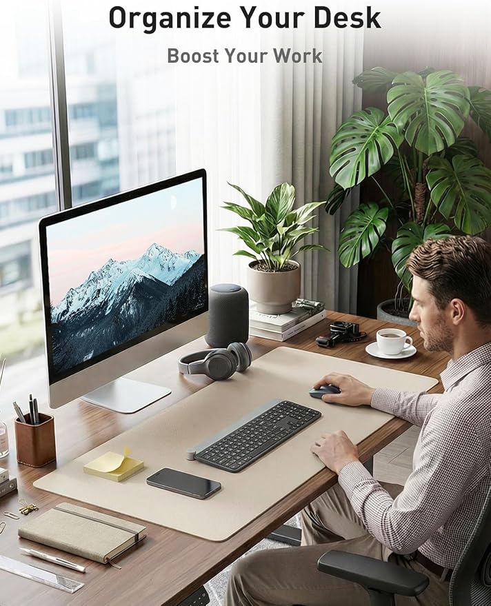 Aothia Faux Leather Desk Mat - Non-Slip PU Leather Desk Blotter, Waterproof Writing Surface, Large Desk Pad for Office & Home (Eggshell, 55" x 24") - Image 3