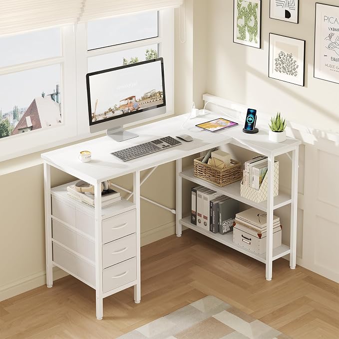 DUMOS L Shaped Desk with Power Outlet, Study Table | 47 Inch Corner Computer Gaming Unit, Adjustable Shelves, Home Office Bedroom, Modern White - Image 2