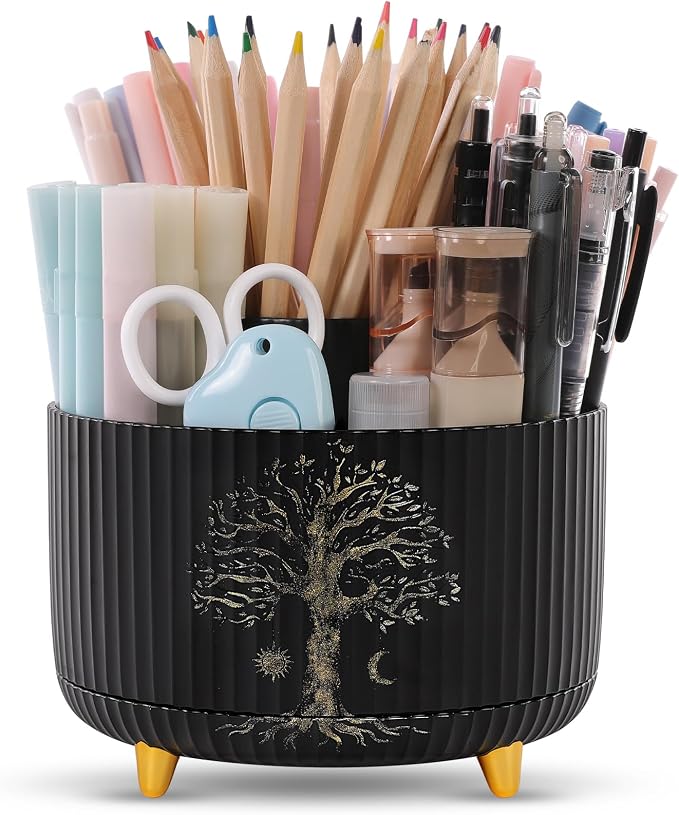 SKYDUE 360 Degree Rotating Desk Organizer, Dual-Purpose Pencil Pen Holder for Desktop, Desk Pen Organizer with 5 Slots, Office Supplies, Pencil Cup for Office, School, Home by SKYDUE