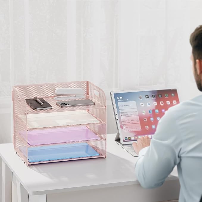 Marbrasse 4 Tier Paper Organizer Letter Tray - Mesh Desk File Organizer with Handle, Paper Sorter Organizer for Letter/A4 Office File Folder Holder (Pink, 12.6" x 9.1" x 10.7") - Image 6