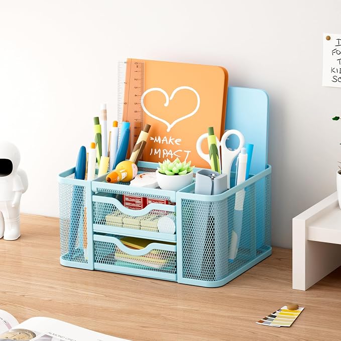 Marbrasse Mesh Desk Organizer, Pen Organizer with 2 Drawer, Multi-Functional Pencil Holder, Desk Organizers and Accessories with 5 Compartments + Drawer for Office Art Supplies (Blue) - Image 5