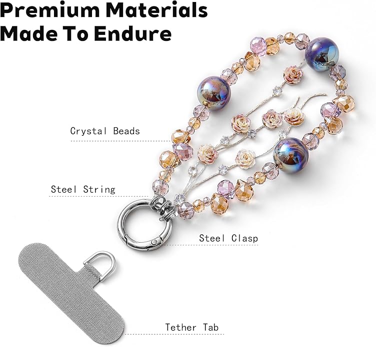 Phone Charm with Beaded Crystals, Anti-Theft Phone Strap, Hands-Free & Detachable Cellphone Lanyard, Cellphone Chain Wristlet with Tether Tab - Image 3