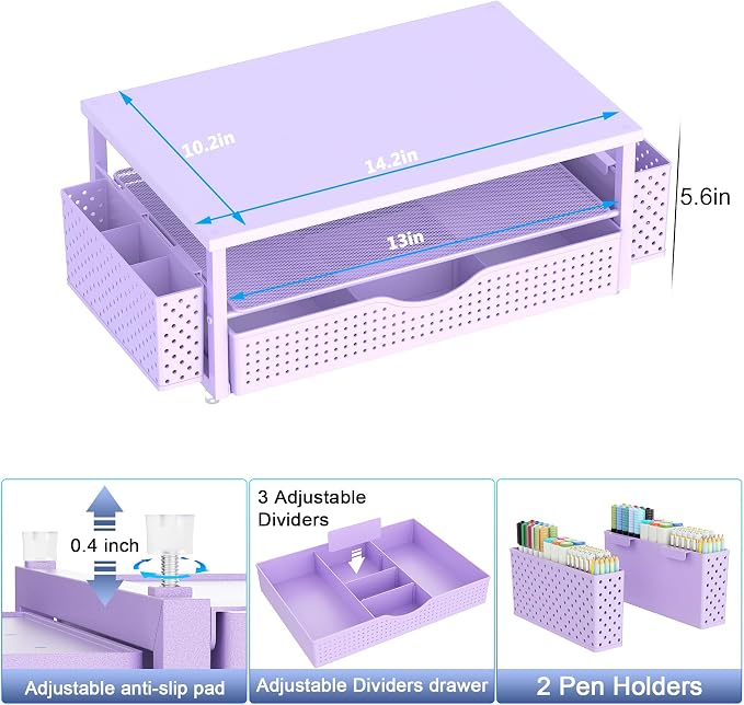 Spacrea Desk Organizer and Accessories, Computer Monitor Stand Riser with Drawer and 2 Pen Holders, Office Desk Accessories & Workspace Organizers for Office Supplies (Purple) - Image 6