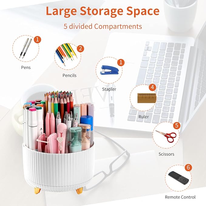 Desk Pencil Pen Holder, 5 Slots 360°Degree Rotating Pen Organizers for Desk, Desktop Storage Stationery Supplies Organizer, Cute Pencil Cup Pot for Office, School, Home, Art Supply, White - Image 3