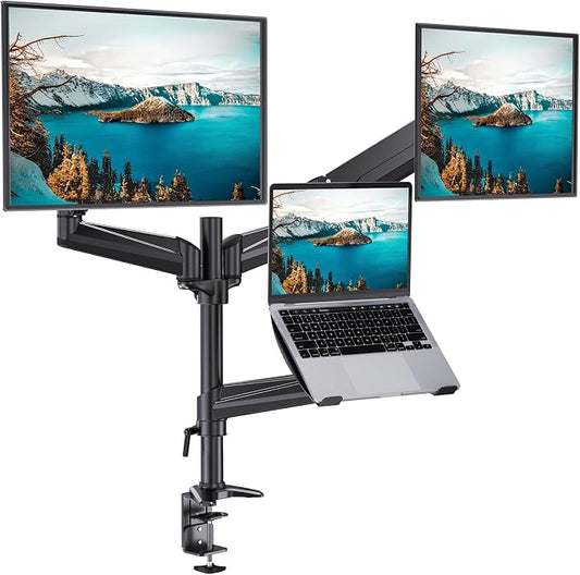 HUANUO Dual Monitor and Laptop Mount for Max 32” Monitor and 17” Laptop, Adjustable Arm with Tilt, Swivel and Rotation, Dual Monitor and Notebook Stand with VESA Bracket 75/100 mm by HUANUO