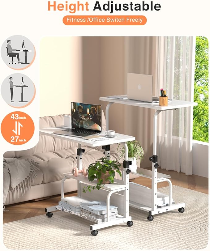 QZMDSM Portable Desk with Wheels Small Standing Desk on Wheels Adjustable Height Rolling Desks for Small Spaces, 32" Computer Desks with Storage Shelves for Home Office Study White - Image 5