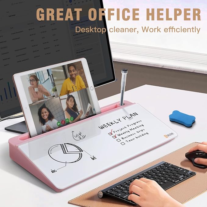 SELEAD Desktop Glass Whiteboard with Organizer & Built-in Mirror - Small Dry Erase White Board Computer Pad Keyboard Stand with Markers, Eraser, Holder for Women - Pink - Image 3
