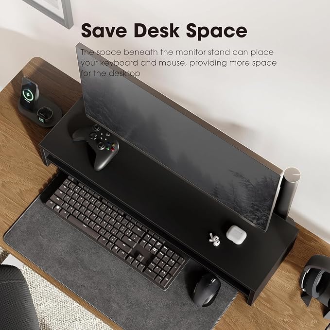 Fenge 31.5 Inch Dual Monitor Stand Riser for Desk, Black | Wooden Desk Shelf, 2-Tier Open Storage Compartment, for PC Laptop Screen Printer, Home Office Desktop Organizer - Image 5