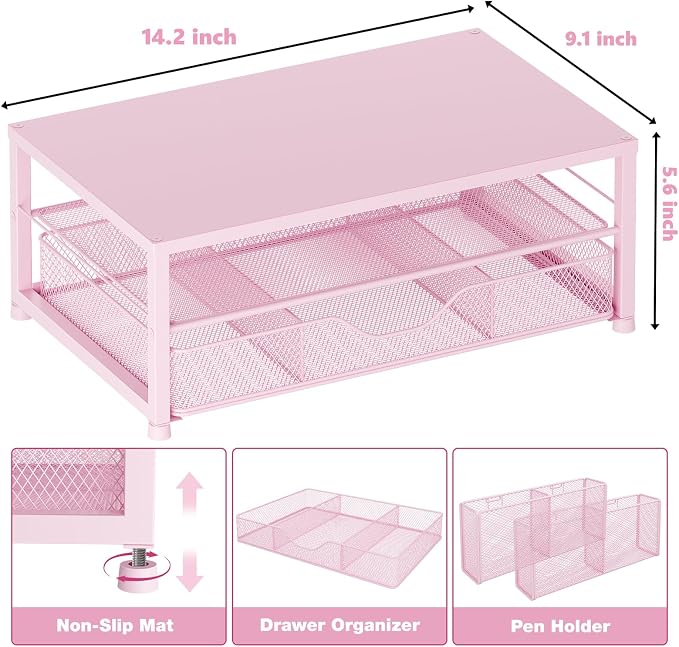 OPNICE Desk Organizers and Accessories, 2-Tier Computer Monitor Stand Riser with Drawer and 2 Pen Holders, Laptop Stand, Office Desk Accessories & Office Decor for Women, Pink - Image 3