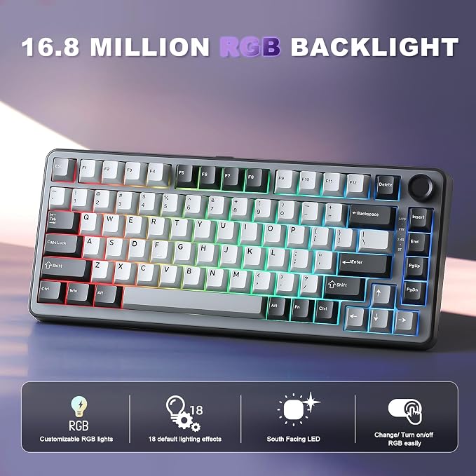 YUNZII B75 PRO 75% Wireless Mechanical Keyboard (Dark Grey,Milk Switch) | Hot Swap Keyboard with Knob, Gasket Mount, Creamy Pre-lubed Switch for Smooth Typing, BT/USB-C/2.4G, for Gaming - Image 7
