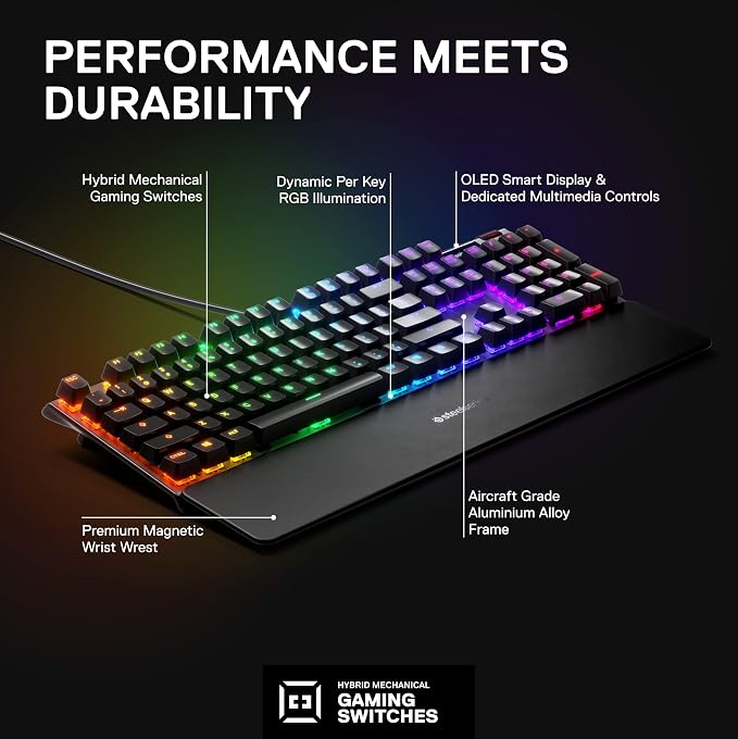 SteelSeries USB Apex 5 Hybrid Mechanical Gaming Keyboard – Per-Key RGB Illumination – Aircraft Grade Aluminum Alloy Frame – OLED Smart Display (Hybrid Blue Switch) - Image 3