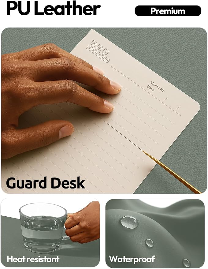 YSAGi Leather Desk Protector, Office Mat, Large Mouse Mat, Non-Slip PU Leather Blotter, Laptop Desk Pad, Waterproof Writing Pad for Office and Home (Dark Green, 47" x 17") - Image 3