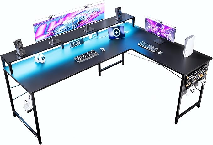 Pamray 64 Inch L Shaped Gaming Desk with Monitor Stand and Power Outlets | Large Corner Computer Desk With Pegboard & Led Lights USB Charging Ports for Home Office Study and Writing Bedroom and Dorms by PAMRAY