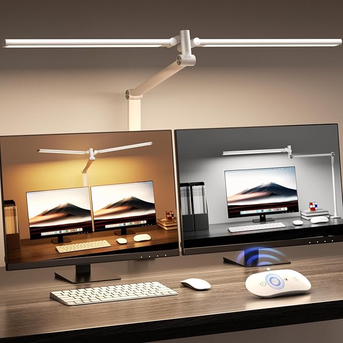 Airlonv LED Desk Lamp, Double Swing Arm Wide Lighting Area Desk Lamps for Home Office with Stepless Dimming, Eye-Caring Architect Desk Light with Clamp for Reading, Study, Workbench, Drafting(White) by Airlonv